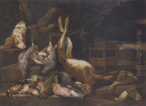 A Hunting Still Life Of A Hare, Partridges, Jays, Songbirds And Other Birds In A Wooded Landscape - view 1