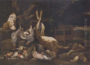 A Hunting Still Life Of A Hare, Partridges, Jays, Songbirds And Other Birds In A Wooded Landscape by Jan Fyt