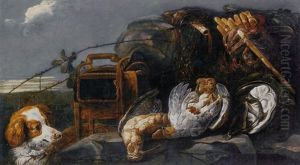 A Hunting Still Life With A Partridge, Another Bird And A Spaniel In A Landscape, The Sea Beyond by Jan Fyt
