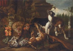 A Still Life With Two Greyhounds, A Hare, A Cat, Partridges, Together With A Musket And Baskets Of Fruit, In A Parkland Setting