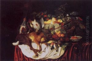 A Basket Of Fruit And A Blue Parakeet, With Dead Partridges, A Hare And Songbirds On A Draped Table With Cherries In A Porcelain Bowl