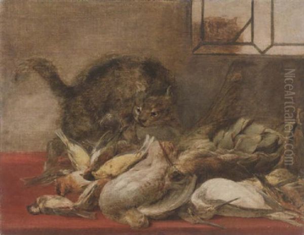 A Cat With Dead Game Birds And An Artichoke On A Table Draped With A Red Cloth, With A Cat Seen Through A Window Above - view 1