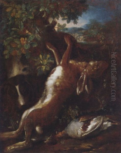 A Dead Hare And Gamebird With A Dog In A Wooded Clearing - view 1