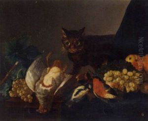 A Dead Partridge, A Bullfinch, A Great Tit And Other Birds, With Grapes On The Vine, Peaches And Figs, On A Partly Draped Table With A Cat
