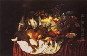 A Basket Of Fruit And A Blue Parakeet With Dead Partridges, A Hare And Songbirds On A Table With Cherries In A Bowl