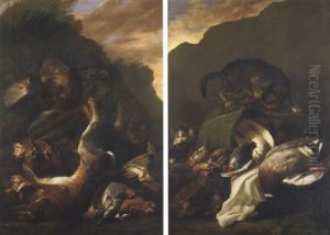 Natura Morta Di Volatili, Cacciagione E Gatti In Un Paesaggio