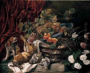 A Still Life Of Flowers, Fruit And Game With A Dog And A Monkey by Jan Fyt