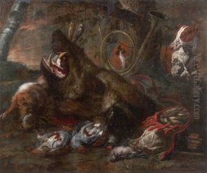 Jagdstilleben. Ein Wildschweinkopf, Zwei Rebhuhner Sowie Ein Erlegter Hase Und Ein Buntspecht by Jan Fyt