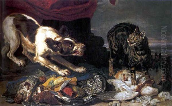 Chien Et Chat Devant Du Gibier - view 1