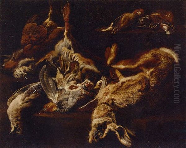 A Hunting Still Life With A Hare, Partridges, A Jay And Others Birds On A Ledge - view 1