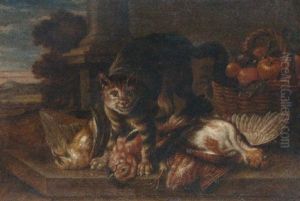 Cat With Game, And A Basket Of Apples In A Ledge, An Extensive Landscape Beyond by Jan Fyt