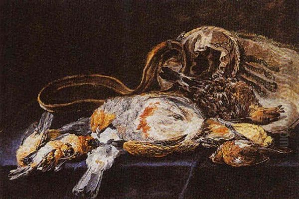 A Hunting Still Life With A Partridge, Other Birds And A Hunting Bag, All On A Table Draped With A Blue Cloth - view 1