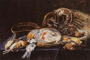 A Hunting Still Life With A Partridge, Other Birds And A Hunting Bag, All On A Table Draped With A Blue Cloth by Jan Fyt