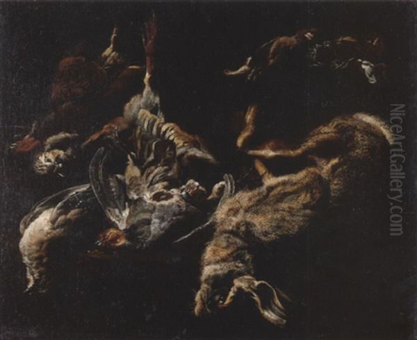 A Hunting Stil Life Of A Hare, Partridges, A Jay, And Other Birds On A Ledge - view 1