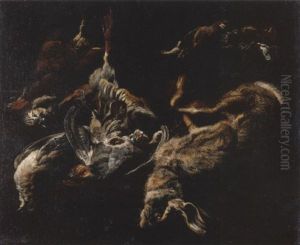 A Hunting Stil Life Of A Hare, Partridges, A Jay, And Other Birds On A Ledge