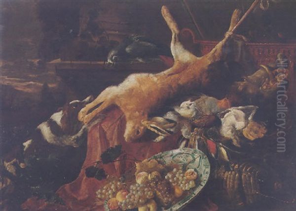 Still Life Of Fruit In Bowl, Game On A Table With A Hound Nearby, All Under A Draped Curtain, A Landscape Beyond - view 1
