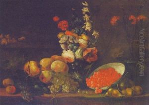Apples, Grapes, Pears, A Blue And White Bowl With Raspberries And A Vase Of Flowers On A Ledge