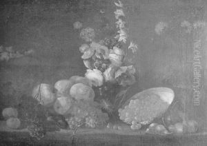 Still Life With A Bowl Of Cheries, Other Fruit And Vases Of Flowers On A Ledge by Jan Fyt