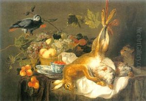A Still Life Of A Hare, Pheasants, Grapes And Other Fruit In Baskets And Chinese Earthware, A Parrot And A Cat by Jan Fyt