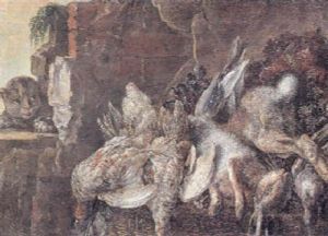 Nature Morte Med Fugle Og Harer Samt En Kat, Der Ligger Pa Lur