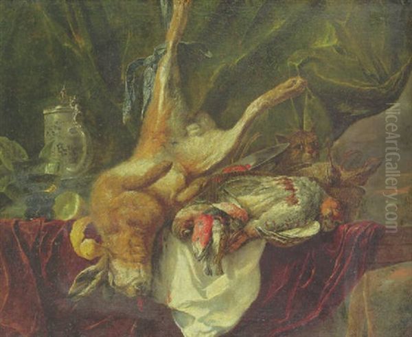 A Dead Hare And Others Birds, A Romer, A Blue And White Porcelain Ewer And Other Objects On A Table, A Cat Watching - view 1