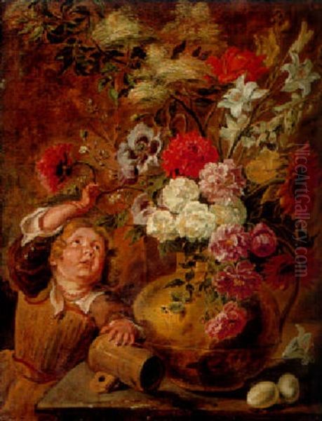 Pink And White Roses, Sunflowers, And Other Flowers In A Jug With Two Eggs On A Table, Child Nearby - view 1