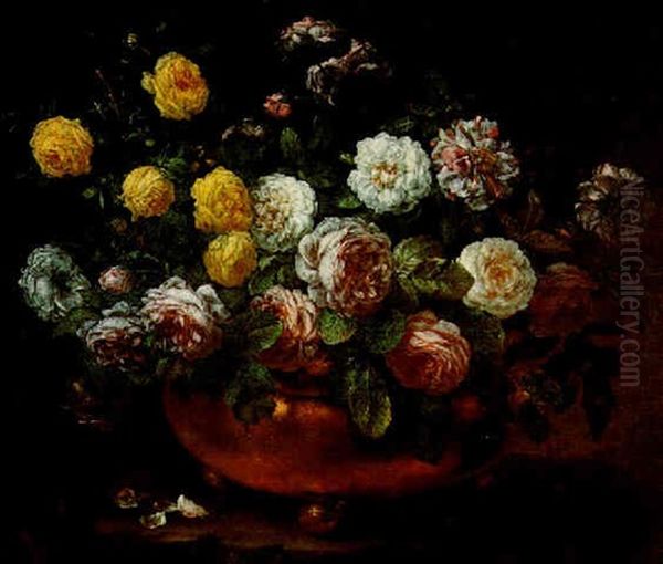 A Still Life Of Roses Of Various Hues In A Bronze Vessel - view 1