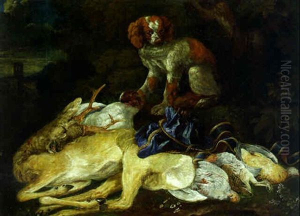 A Hunting Still Life With A Dead Stag And Gamebirds, With A Spaniel On Guard - view 1