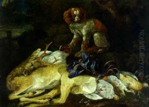 A Hunting Still Life With A Dead Stag And Gamebirds, With A Spaniel On Guard by Jan Fyt