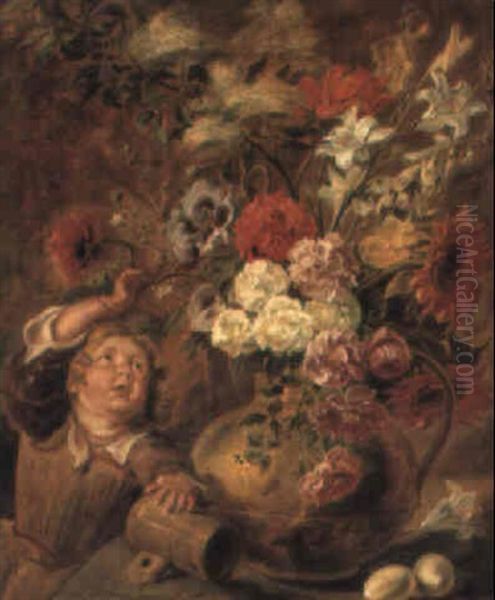 Roses And Other Flowers In A Jug With Eggs And A Cup On A Table Near A Child - view 1