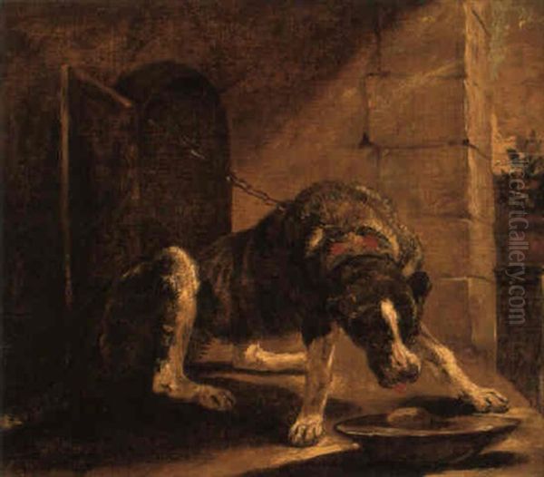A Chained Hound Eating From A Bowl - view 1