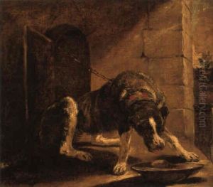 A Chained Hound Eating From A Bowl A Chained Hound Eating From A Bowl