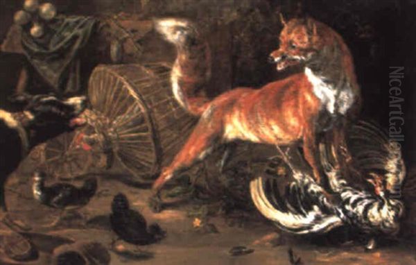 A Fox Attacking A Cockerel In A Farmyard Challenged By A Hound - view 1
