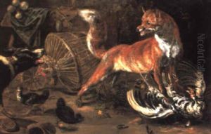 A Fox Attacking A Cockerel In A Farmyard Challenged By A Hound by Jan Fyt