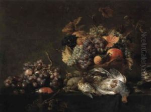 Grosses Stilleben Mit Fruchten, Vogeln Und Einer Katze