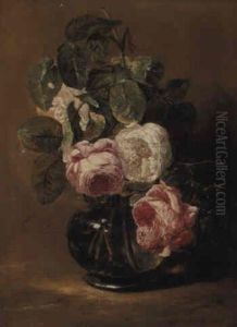 Pink And White Roses In A Glass Vase by Jan Fyt
