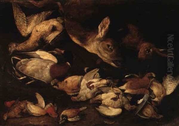 A Dead Deer, Hare, Mallard, Snipe And Song Birds On A Bank - view 1