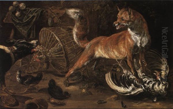 Fox Taking A Cockerel In A Farmyard Challenged By A Hound - view 1