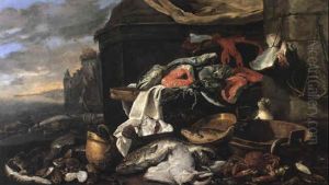 Fish, Oysters And Other Seafood With A Cat At The Base Of A Column by Jan Fyt