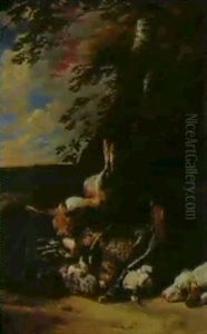 Nature Morte Med Fuglevildt, Hare, Hund Og Jagtmotiv