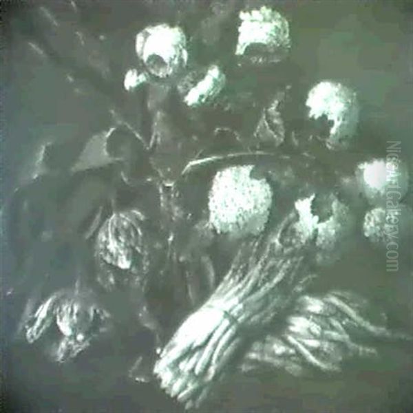 Still Life Of A Glass Vase With Roses, Tulips And Hydrangeaswith Asparagus - view 1
