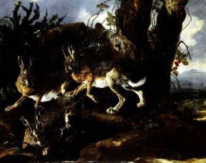 Three Hares Eating Black- Berries In A Rocky Landscape by Jan Fyt