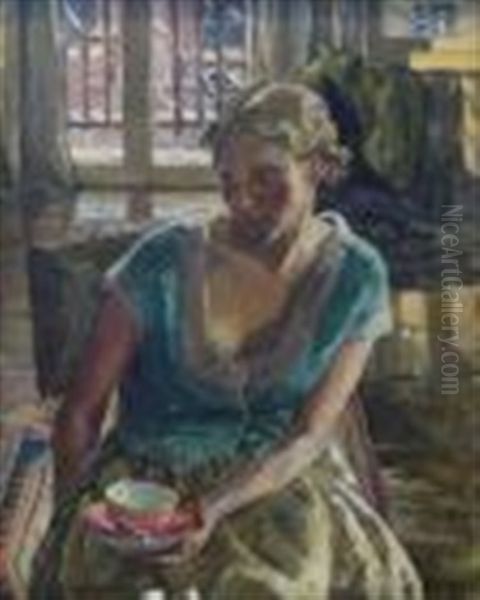 Portrait Of Seated Woman With Tea Cup In Hand - view 1