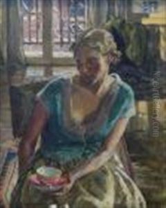 Portrait Of Seated Woman With Tea Cup In Hand by Ethel Gabain