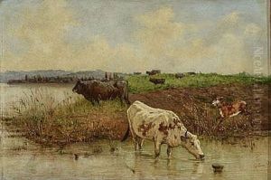 Rinder Am Flussufer by Giuseppe Gabani