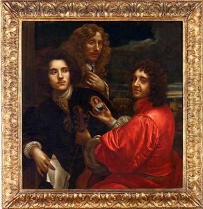 Group Portrait Of Three Gentlemen, One In A Red Doublet Holding A Viola Da Gamba In One Hand And A Miniature Portrait In The Other, The Second In A Brown Coat With A Silver Cravat, Holding A Letter... thumbnail