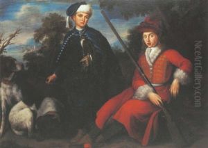Portrait De Ferdinando De Medici Accompagne De Son Frere Gian Gastone En Tenue De Chasse by Anton Domenico Gabbiani
