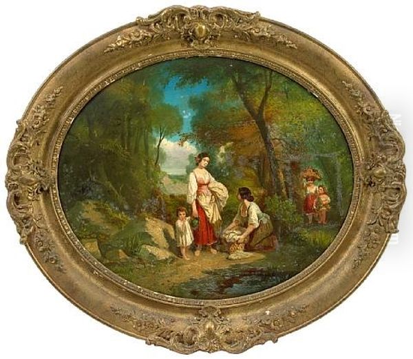 Young Children Fishing On A River Bank (+ A Companion Painting Of Young Women With Children Washing Clothes On A River Bank; Pair) - view 1
