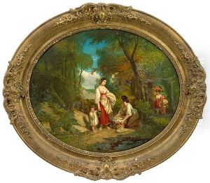 Young Children Fishing On A River Bank (+ A Companion Painting Of Young Women With Children Washing Clothes On A River Bank; Pair) by Nicholas Edward Gabe