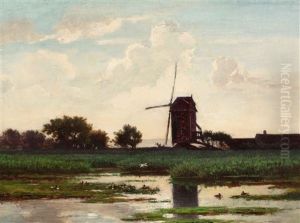 Dutch Polder Landscape With Windmill And Ducks On The Waterside by Paul Joseph Constantine Gabriel